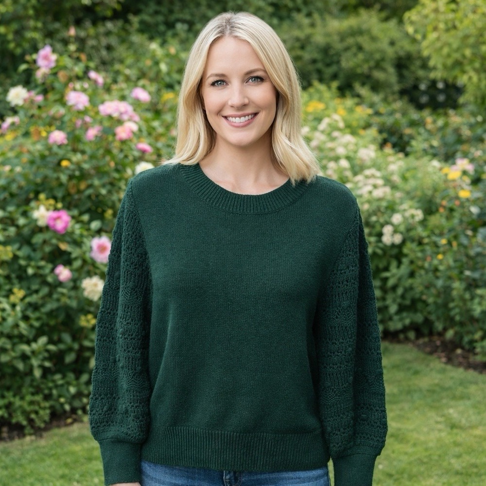 Evereve Forest Green Eyelet Sleeve Pullover Sweater Cozy Holiday Feminine S